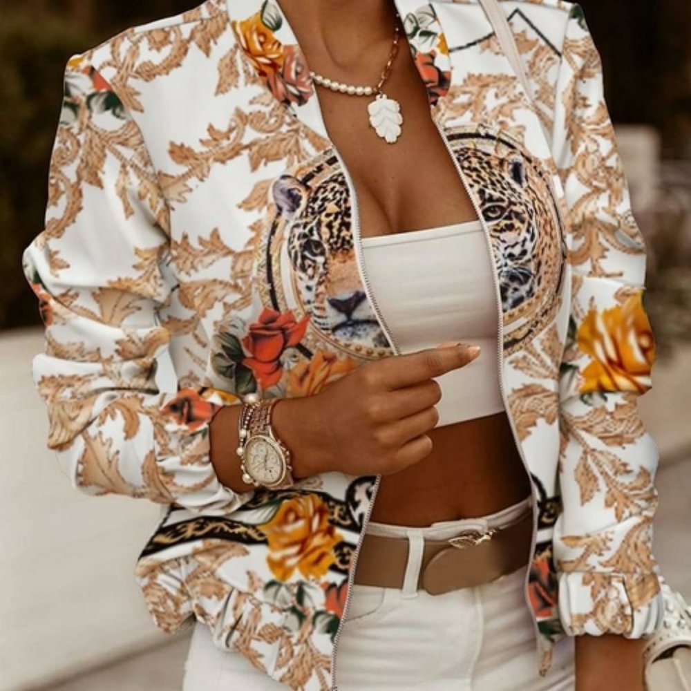 Women's Stand Collar Zip Up Floral Prints Bomber Jacket